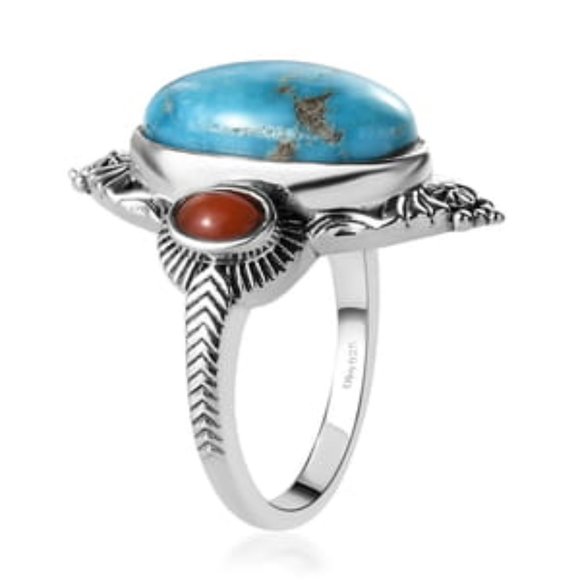 Blue Ridge Turquoise and Mediterranean Coral Ring in Sterling Silver Size 7 NWT - Picture 5 of 8